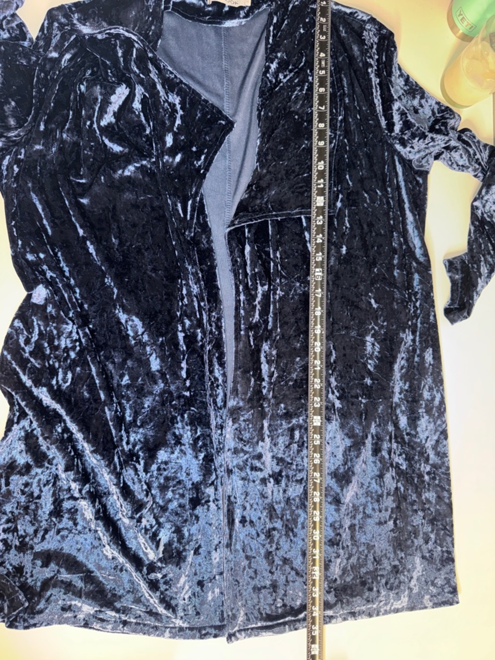 Misslook Crushed Velvet Open Front Cardigan Duster | Navy Blue Luxe - Picture 9 of 9